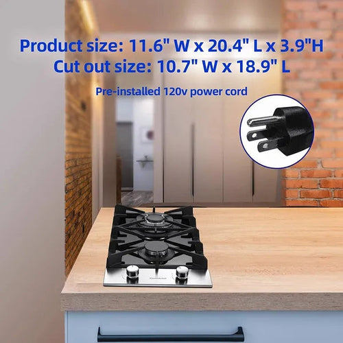 Kitchen Gas Cooktop 2 Dual Burners Tempered Glass Countertop Drop-in