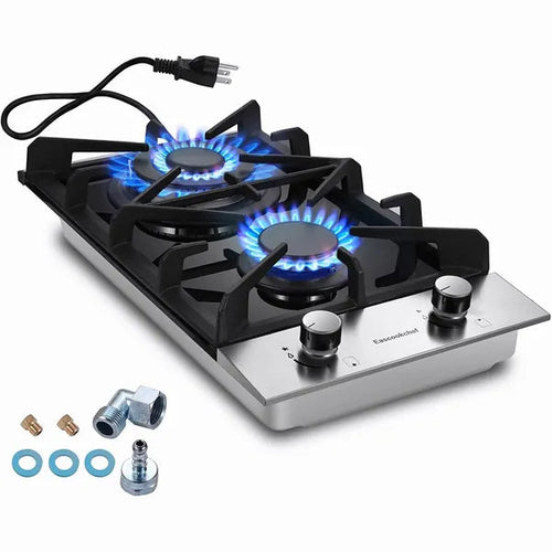 Kitchen Gas Cooktop 2 Dual Burners Tempered Glass Countertop Drop-in